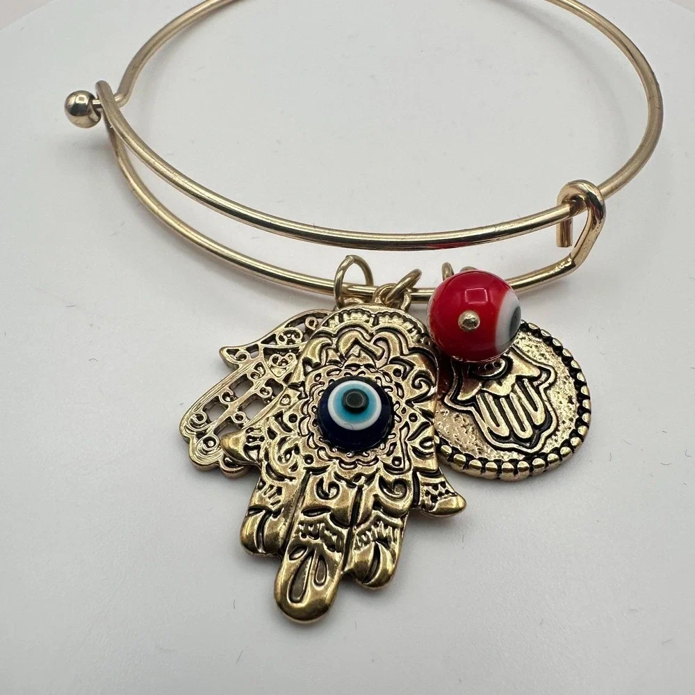 Vintage 90s Gold Tone Hamsa‎ Hand Evil Eye Charm Bangle Bracelet Glass Bead Boho